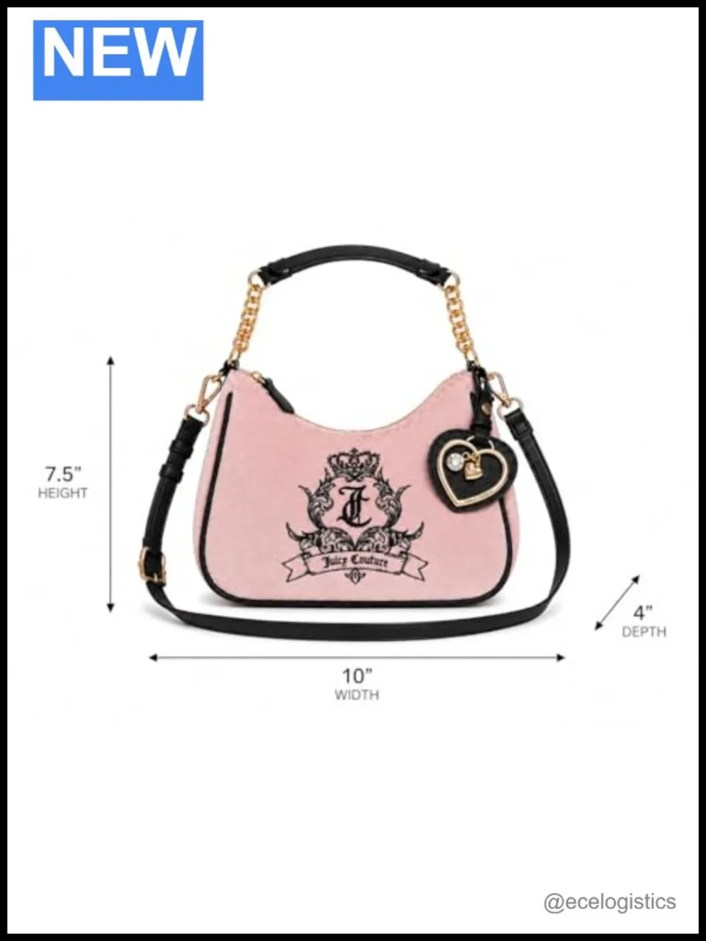 Juicy Couture Velvet Convertible Shoulder Crossbody Bag with Heart Charm, 10x7